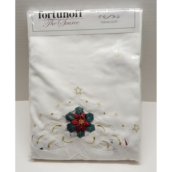 Holiday Christmas Ribbon Poinsettia White Tablecloth Cut Cloth Gold Thread NOS - Picture 1 of 8
